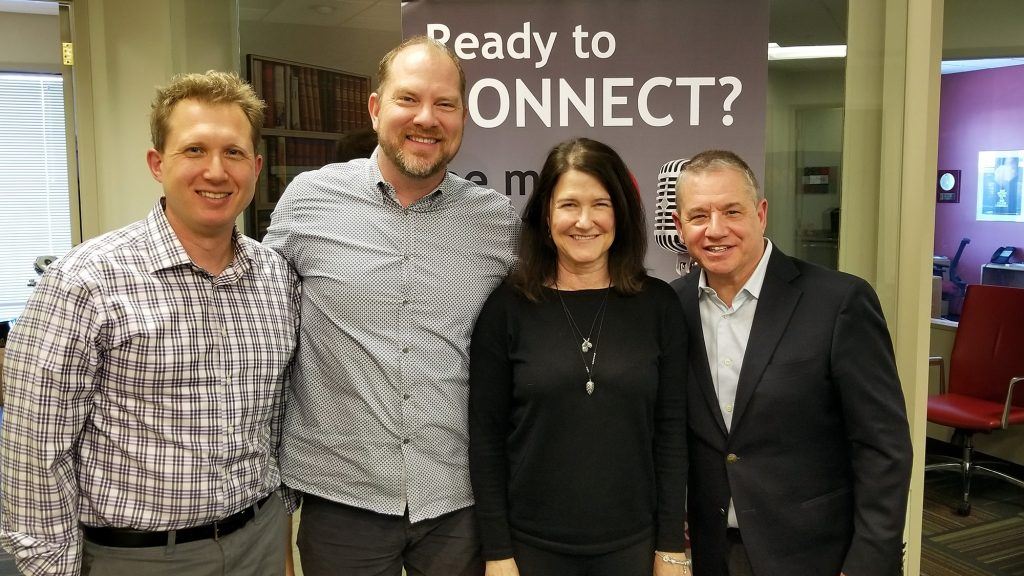 Dr. Adrian McIntyre with Chad Barnett of Foods 2000, Marisa Felker of Washington Federal, and Jeffrey Wolf of Quarles & Brady at Valley Business RadioX in Phoenix, AZ