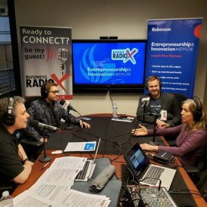 Elizabeth Strickler with GSU, Cryptocurrency Investor Zach Hoffmeister, and Drew Shah with PantherCoin Student Lead