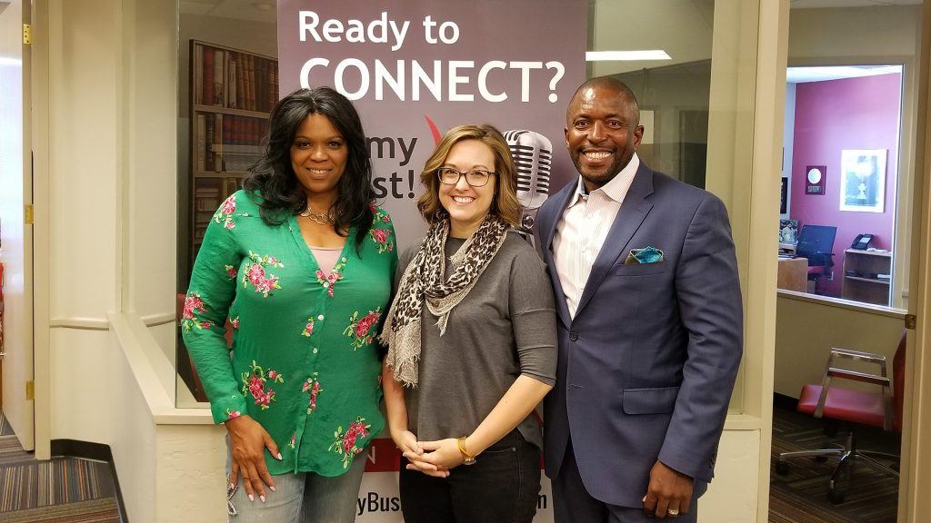 LT Ladino Bryson with vCandidates.com, Lisa Glenn Nobles with CO+HOOTS Foundation, and Robin Reed with Black Chamber of Arizona visit the Valley Business RadioX studio in Phoenix, Arizona