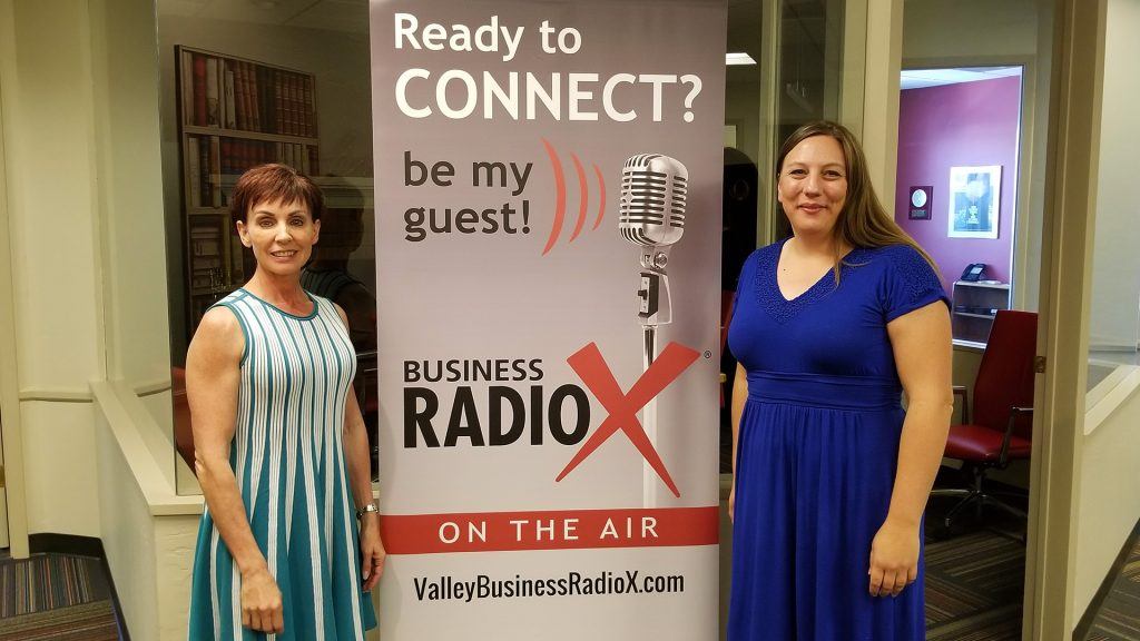 Monique Daigneault with MD Consulting and Cheryl Packham with Codobe visit the Valley Business RadioX studio in Phoenix, Arizona