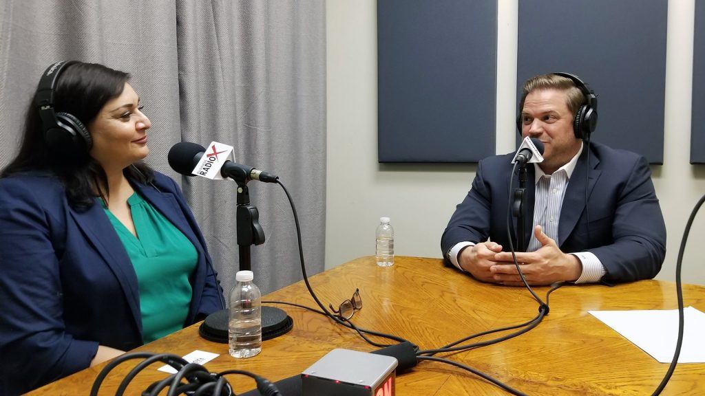 Seela Farani-Simmons with National Education Partners and Jonathan Keyser with Keyser visit the Valley Business RadioX studio in Phoenix, Arizona