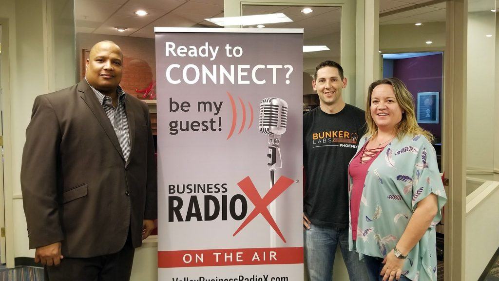 Alan "AP" Powell with the HeroZona Foundation, Heather Dopson, and Ben Bronson with Bunker Labs visit the Valley Business RadioX studio in Phoenix, Arizona