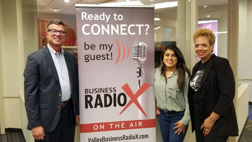 Ellie Pérez, Dr. Ann Hart with the Hart of Education, and Steve Zylstra with the Arizona Technology Council visit the Valley Business RadioX studio in Phoenix, Arizona