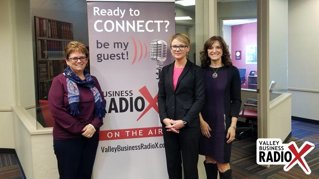 Jeri Royce with Esperança, Gail Baer with Jewish Family & Children’s Service, and Andrea Claus with Bivens & Associates visit the Valley Business Radio studio in Phoenix, Arizona