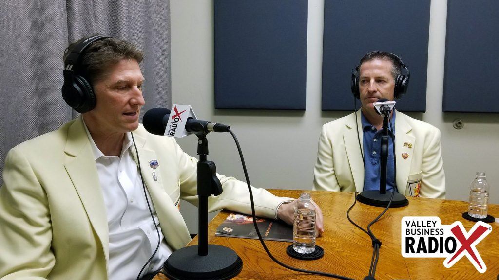 Mike Nealy and Patrick Barkley with the Fiesta Bowl on the radio at Valley Business RadioX in Phoenix, Arizona