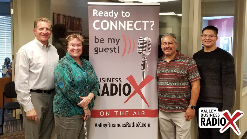 Melissa Sanderson with Freeport McMoRan, Jeffrey Garza Walker & Joshua Rodriguez with Cresa, Kevin Hull with BMO Harris Bank visit the Valley Business RadioX studio in Phoenix, Arizona